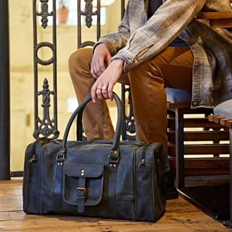 Paper High Black Buffalo Leather Holdall with Zipped Pockets | Size: Large