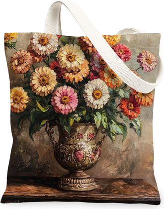 Generic Spring Farmhouse Zinnia Canvas Tote Bag for Shopping 13x15, Rustic Farm Floral Reusable Grocery Print Pattern Bag for Women, Country Flower Beach Aest