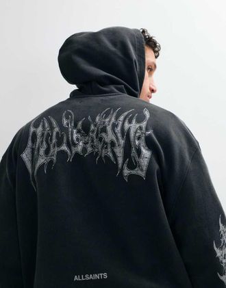 AllSaints Helvette Oth - Felpa con cappuccio nero slavato con stampa grafica del logo sul retro