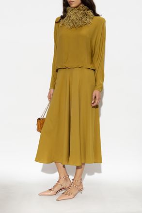 Valentino Garavani Silk Dress With Ostrich Feathers, Womens, Beige