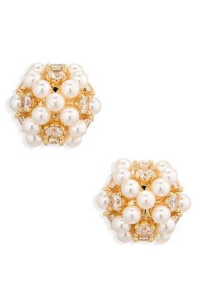 Nordstrom Rack Faux Pearl & Crystal Cluster Stud Earrings in Clear- White- Gold at Nordstrom Rack