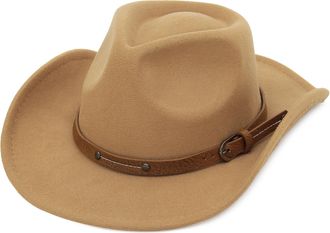 Eozy Women Men Western Cowboy Fedora Felt Hat Wide Brim Outdoor Cowgirl Hat with Belt Buckle Camel