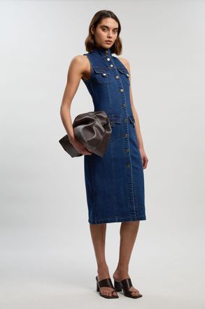 Karen Millen Womens Petite Denim Sleeveless Midi Button Detail Dress - Blue Cotton - Size 16 UK