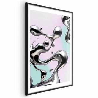 OEM P&oacute;ster - Fluidez Met&aacute;lica - Formas Abstractas Plateadas Sobre Un Fondo Morado Menta