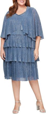 S.L. Fashions Tiered Metallic Cocktail Dress with Jacket in Wedgewood at Nordstrom, Size 14W