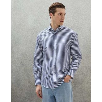 Brunello Cucinelli Mens White And Blue Striped Cotton Shirt, Size XL