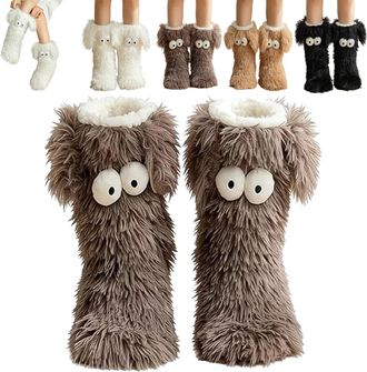 Generic Cozy Socks with Eyes, Winter Warm Fluffy Non-Slip Slipper Socks for Women and Girls, Cute Big Eyes Novelty Animal Design House Socks for Home Office, 