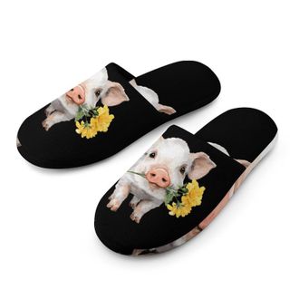 Generic Pigs Holding Yellow Flower Mens House Slippers Slip Indoor Slipper On Shoes Warm Outdoor