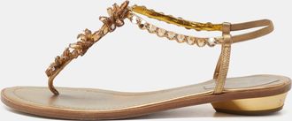 Rene Caovilla Ren&eacute; Caovilla Gold Leather Crystals Embellished Thong Flats