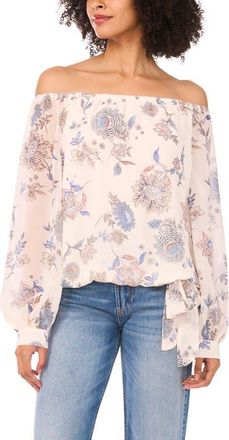 Vince Camuto Floral Off the Shoulder Tie Hem Top in Vanilla Ice at Nordstrom, Size Xx-Small