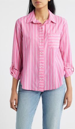 Beach Lunch Lounge Campbell Directional Stripe Long Sleeve Cotton Blend Button-Up Shirt in Geranium at Nordstrom, Size Small