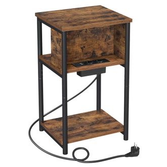 Vasagle Mesa auxiliar con enchufe de color marr&oacute;n r&uacute;stico y negro