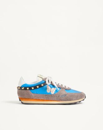 Valentino Garavani Stud Up Trainer In Split Leather And Nylon With Butterfly Embroidery