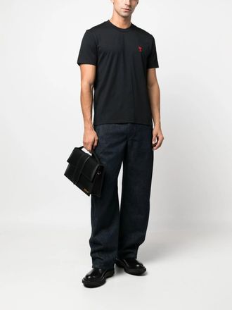 Ami Mens Ami De Coeur Red Embroidered Logo T-Shirt in Black Cotton - Size Small