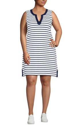 Lands End Cotton Jersey Notch Neck Dress with Soutache in Navy/white Breton Stripe at Nordstrom, Size 2X
