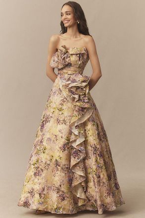 Mac Duggal Strapless Floral Velvet Maxi Dress