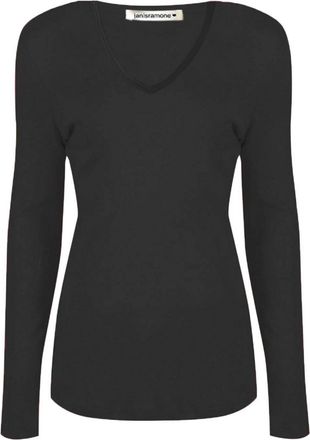 Janisramone Womens Ladies V Neck Long Sleeve T-Shirt Stretchy Plain Jersey Slim Fit Casual Basic Tee Tops Black