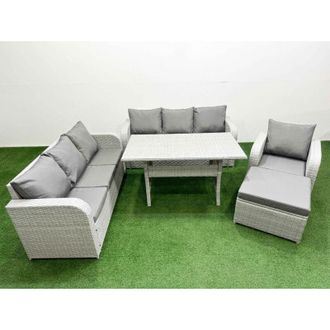 Fimous 8 Seater Poly Rattan Outdoor Garden Furniture Rectangular Dining Table Sofa Set Patio 3 Seater Sofa Reclining Chair 3 Seater Sofa Big Footstool Light
