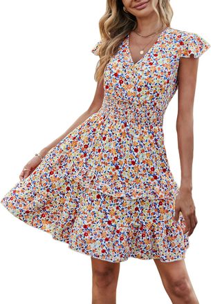 PrettyGarden Womens Summer Dresses Boho V Neck Floral Print Ruffle Sleeve Layered Mini Dress Cute Smocked Waist Short Dress, White, S