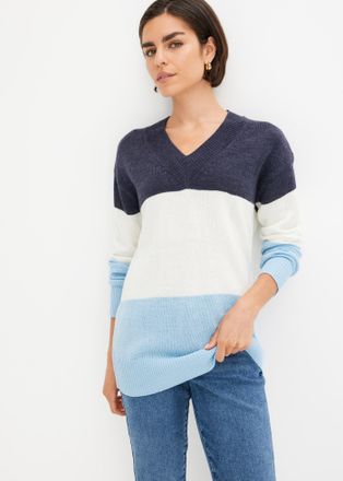 Bonprix Strickpullover BONPRIX Pullover, Damen, Gr. 52/54 (XXL), weiss (wollwei&szlig;, dunkelblau, topazblau gestreift), Obermaterial: 100% Polyacryl, bequem, Pull