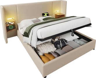 STILVORA Cama Con Arc&oacute;n 160 X 200 Cm De Lino, Cama Doble Con L&aacute;mpara De Lectura, Usb Y Tipo-c, Colch&oacute;n Incluido, Beige
