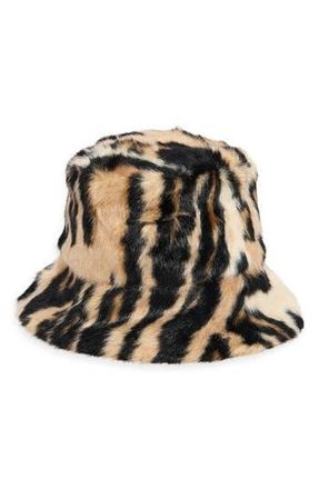 La Fiorentina Reversible Animal Print Faux Fur Bucket Hat in Black at Nordstrom Rack