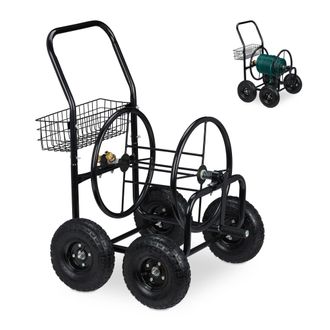 Relaxdays Carro Portamangueras, Hasta 75 M, 4 Neum&aacute;ticos, Acoplamiento Por Clic, Cesta, Soporte Mangueras Metal, Negro - Relaxdays