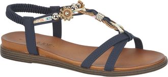 Jo & Joe Ladies Braided T-Strap Design Embellished Trim Elasticated Back Strap Flat Sandals (Navy Flower, UK Footwear Size System, Adult, Women, Numeric, Mediu