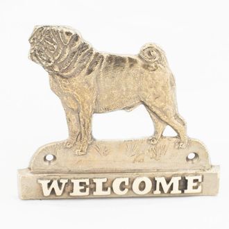 OEM Pug, Carlin: Un Cartel Para Puerta Con Un Perro, Una Placa De Bienvenida De Lat&oacute;n, Un Cartel &Uacute;nico Con La Palabra Bienvenido De Art-dog