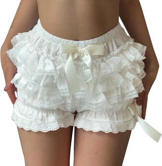 Generic Women Lace Ruffle Shorts Lolita Mini Layered Shorts Elastic Waist Bow Pumpkin Pants (UK, Alpha, M, Regular, Regular, White)