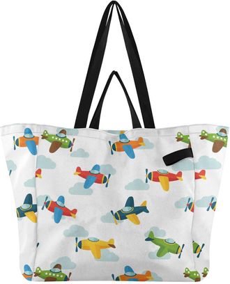 Generic Airplane Cloud White pattern Reusable Canvas Tote Bag, Heavy Duty Grocery Shopping Bag with Double Handles Large Capacity Hard Bottom Work Groceries T