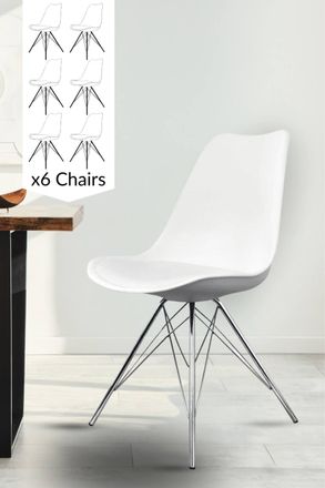 Fusion Living Set of 6 Soho Plastic Dining Chairs with Chrome Metal Legs in White