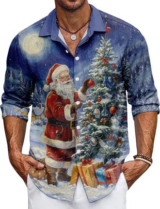 Generic Mens Christmas Shirts Santa Claus Party Long Sleeve Button Down Shirts (UK, Alpha, 3XL, Regular, Regular, Style 08)