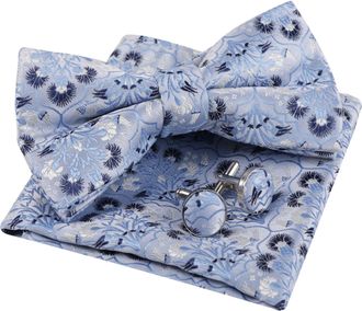 Alizeal Mens Floral Pre-tied Bow Tie, Pocket Square and Cufflinks for Wedding Party Business 3pc Set, Light Blue+Navy
