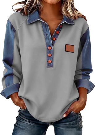 Generic Womens Long Sleeve Tops Lapel Collar Buttons Shirt Denim Patchwork Sweatshirt Loose Comfort Color Block Pullover Tops Business Casual Blouse Spring Au