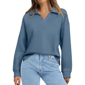 Generic Womens Lightweitht Sweatshirts Pullover Tops Fit Womens Long Sleeve Tops Collared V Neck Shirts Lightweight Sweatshirt 2024 Fall Fashion Clothes Zip (