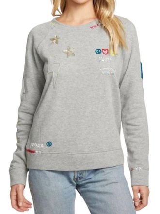 Chaser Peace Fleece Long Sleeve Pullover Top In Grey
