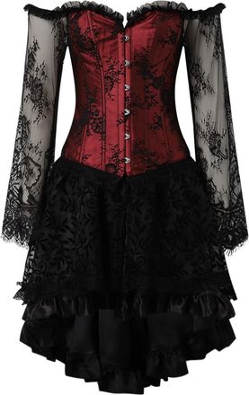 Generic Halloween Outfits Adults Womens Sexy Lace Long Dress Suit Court Body Plus Skirt Party Skirt Two Piece Court Dress (Red, M)