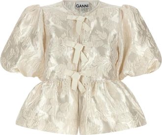 Ganni Satijnen Peplum Blouse met Strik - Dames - Blouses - Beige - L - Satijn - Overhemden