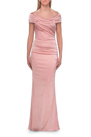 La Femme Off-the-Shoulder Ruched Satin Evening Gown in Blush at Nordstrom, Size 16