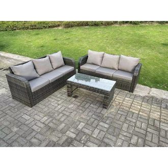 Fimous Dark Grey pe Wicker High Back Rattan Garden Furniture Set Lounge Sofa 3 Seater Sofa Set Outdoor Rectangular Coffee Table 6 Seater - Fimous