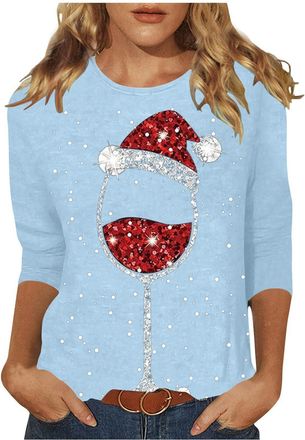 Generic Christmas Jumpers for Women UK 3/4 Sleeve Xmas Tree Printed Sweatshirt Casual Crewneck Pullover Loose Christmas Blouse Tunic T Shirt Ladies Xmas Sweat