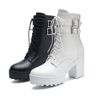 Generic Womens Motorcycle Ankle Boots Round Toe High Block Heel With Platform Lace Up Front And Decorative Buckles
