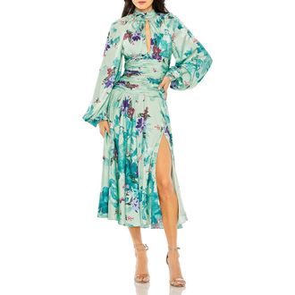 Mac Duggal Floral Print Satin Long Sleeve Keyhole Gown in Sage Multi at Nordstrom, Size 12