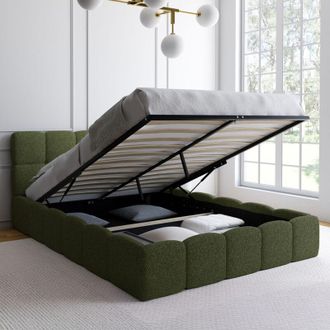 IDMarket Cama Doble Nuage Con Cabecero Acolchado Y Somier De 140 X 190 Cm En Tejido Bouclette Verde Caqui