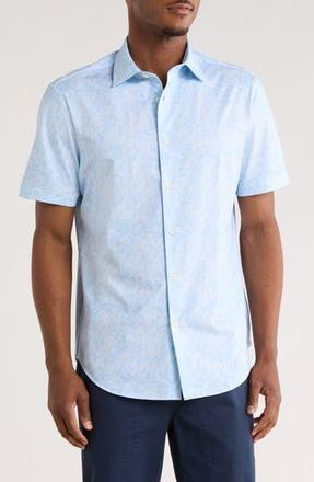Bugatchi Print Short Sleeve Button-Up Shirt in Sky at Nordstrom Rack, Size Xxx-Large