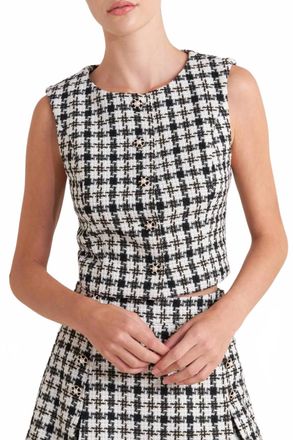Flying Tomato Valerie Pearl Button Front Tweed Cropped Vest In Ivory Multi