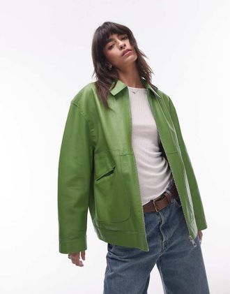 Topshop premium real leather jacket in green