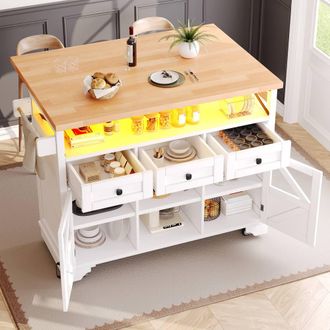 Merax Rolling Kitchen Island Cart with LED, Open Shelf, Drop-Leaf Table in White