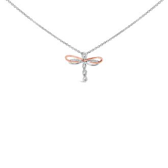 House of Brilliance 14K Rose Gold Plated Sterling Silver 1/10 Cttw Diamond Dragonfly Pendant Necklace